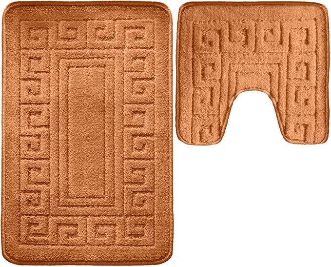 Pro Home Bath Mat Sets 2 Piece Washable 50x80cm – Non-Slip Toilet Mat and Pedestal Mat with Greek Pattern – Soft, Quick-Dry, Absorbent, Machine Washable, Ideal for Daily Use. (Terra Cotta)
