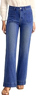 Astylish Wide Leg Jeans Woman High Waisted Stretchy Straight Leg Jeans Buttoned Loose Denim Pants with Patch Pocket Size 14 Dark Blue