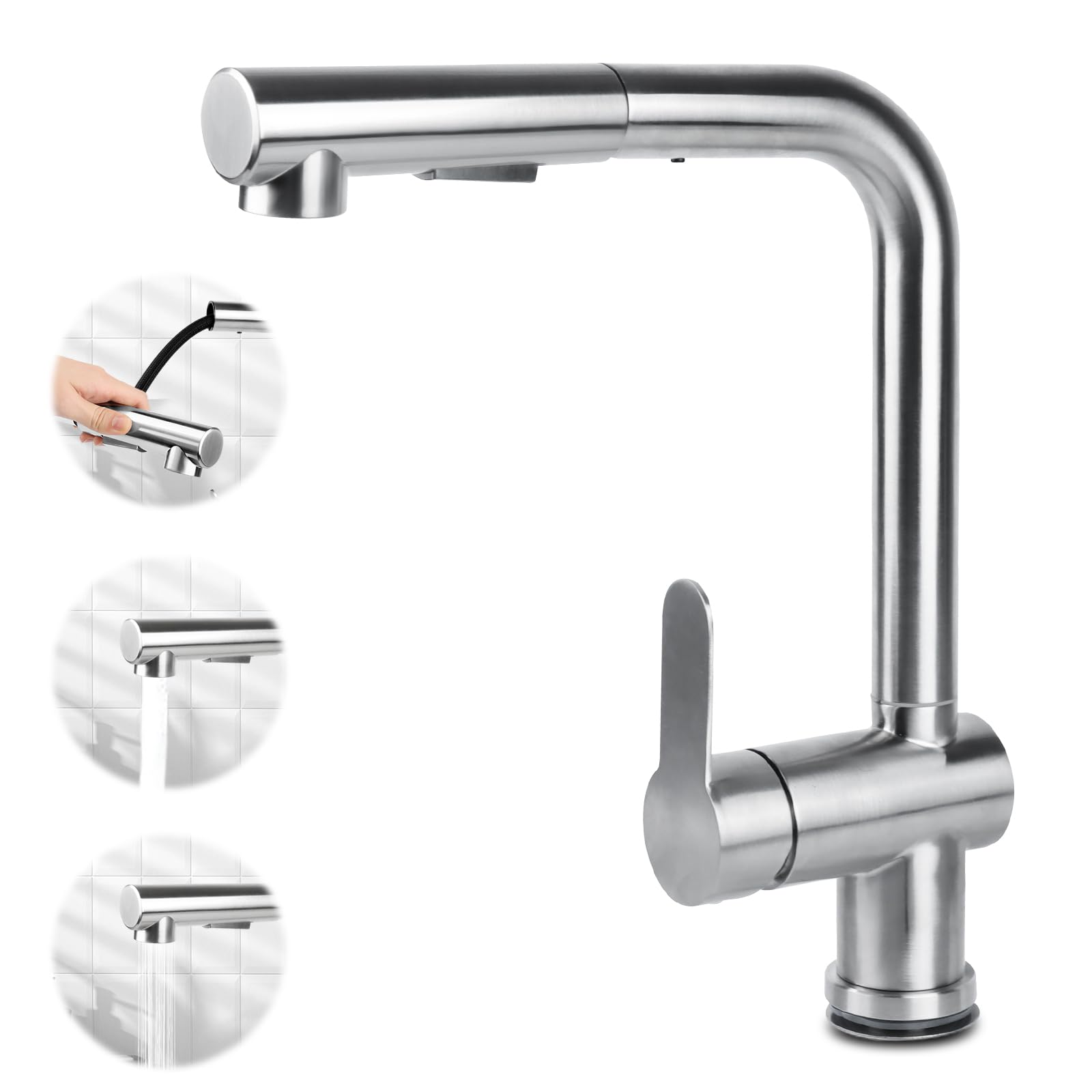 Grifo Cocina Extraible, Grifos para Fregadero con 2 Modos de Rociador, Mezclador Monomando de Cocina con Giro de 360°, Grifo Mezclador Cocina Acero Inoxidable, Adecuado para Fregadero de Cocina