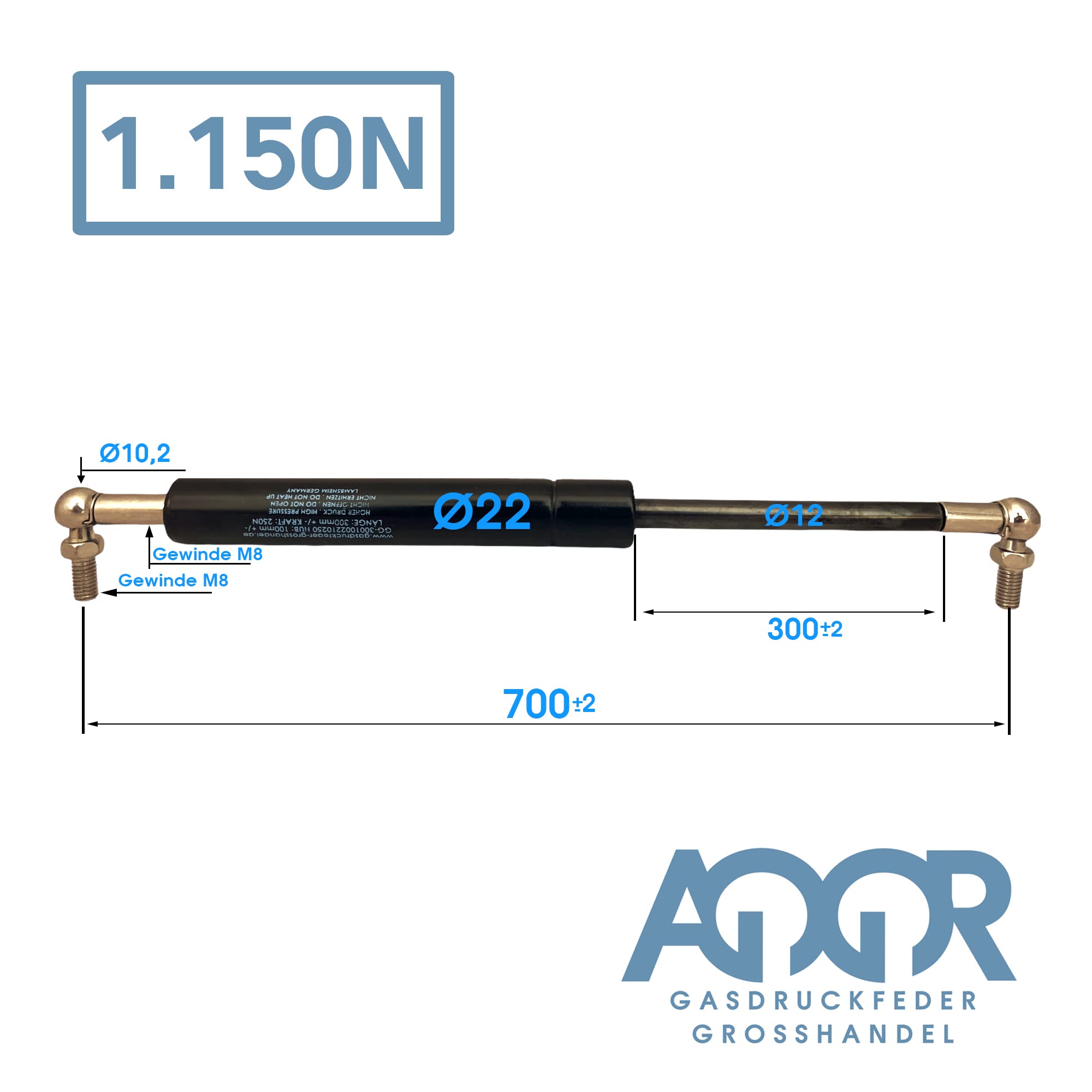 Vérin à Gaz Plat œil Articulé 225 Mm / 60 Mm / 100N-1,250N