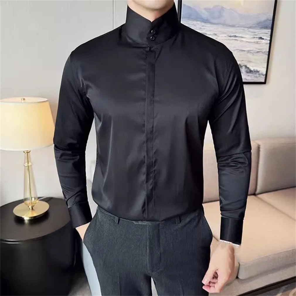 High Collar Shirts Men Solid Color Long Sleeve Business Casual Shirts Mens Slim Fit Stand Top