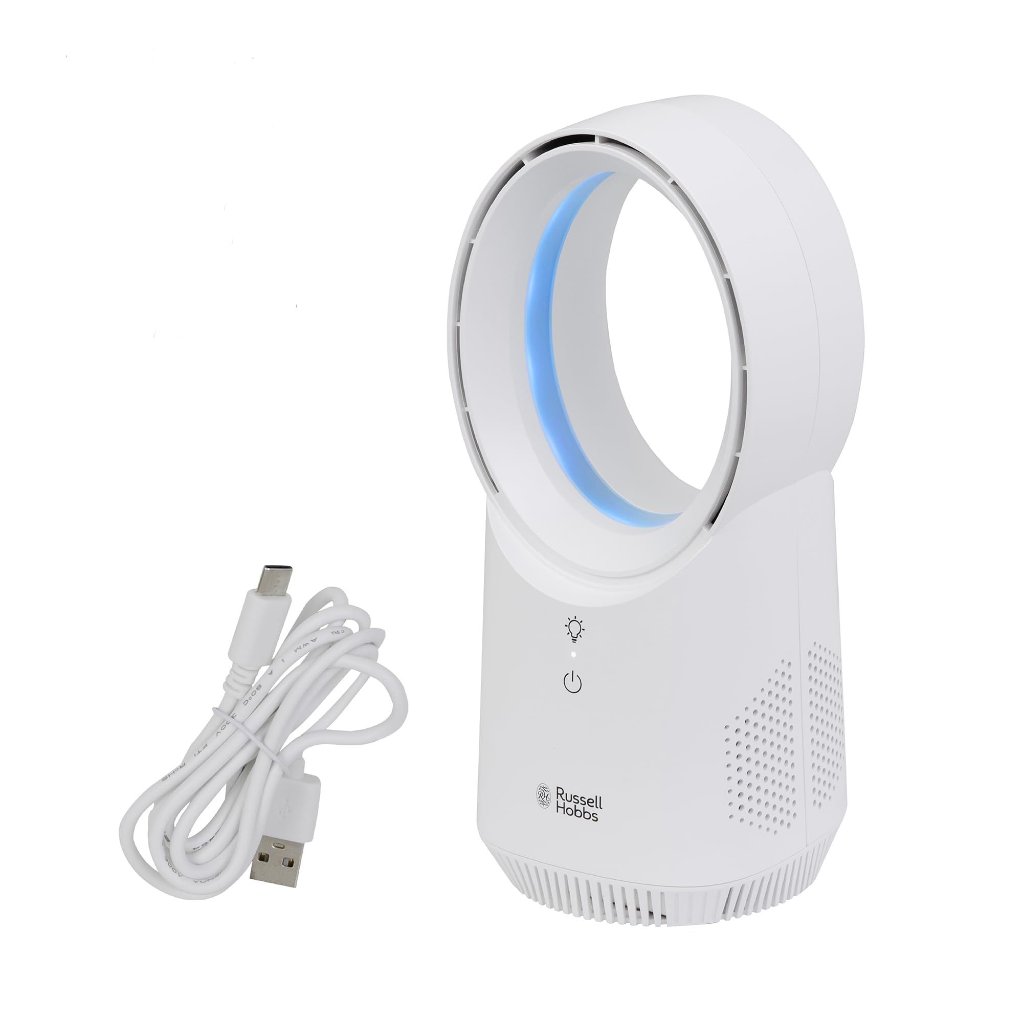 Russell Hobbs RHBLDLUSB25 Ventilateur de bureau silencieux sans pales avec éclairage ambiant, rechargeable par USB, batterie de 2 heures, 3 réglages de vitesse, ventilateur électrique portable 6 W,
