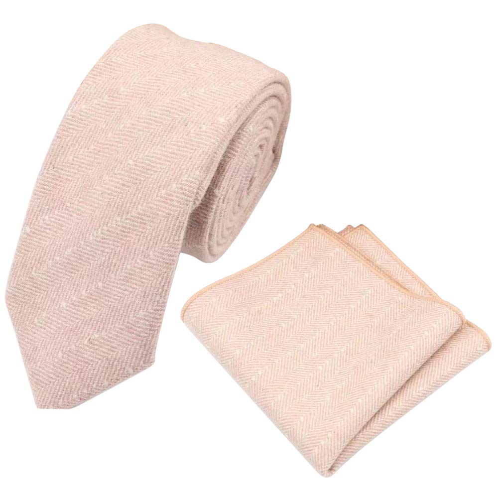 Db Dickie Bow Men's Pink Herringbone Luxury Wool Skinny Neck Tie & Pocket Square Set (Pink Herringbone) - Suitable For Formalwear, Office, Weddings, Parties, Grooms & Grooms Outfits