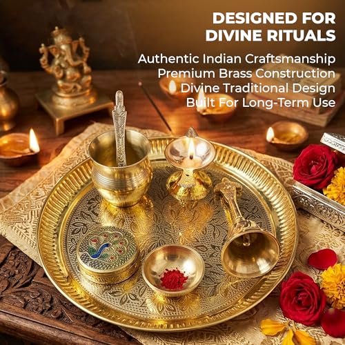 Image of Traditional Brass Puja Thali Set for Mandir & Festivals | Brass Aarti Thali Plate for Bhog, Diya & Pooja Rituals | Ideal for Diwali Navratri Karwa Chauth Home Temple Decor (Set of 7)