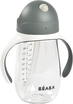 Beaba Straw Sippy Cup, Toddler Baby Straw Cup with Removable Handles, Leak and Spill Proof, BPA Phthalate Free, 8+ Months, 10 oz, Charoal