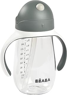 BEABA Straw Sippy Cup, Sippy Cup with Removable Handles, Sippy Cup with Straw, Baby Straw Cup, Toddler Cup, Toddler Straw Cups, 8+ Months, 10 oz, Charcoal