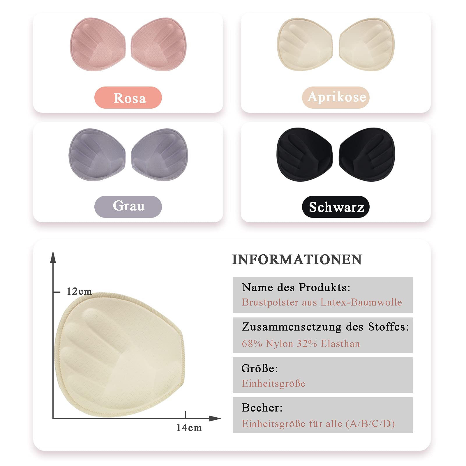 Douzi 4 paia di cuscinetti per reggiseno removibili per reggiseno sportivo e bikini, inserti per biancheria intima