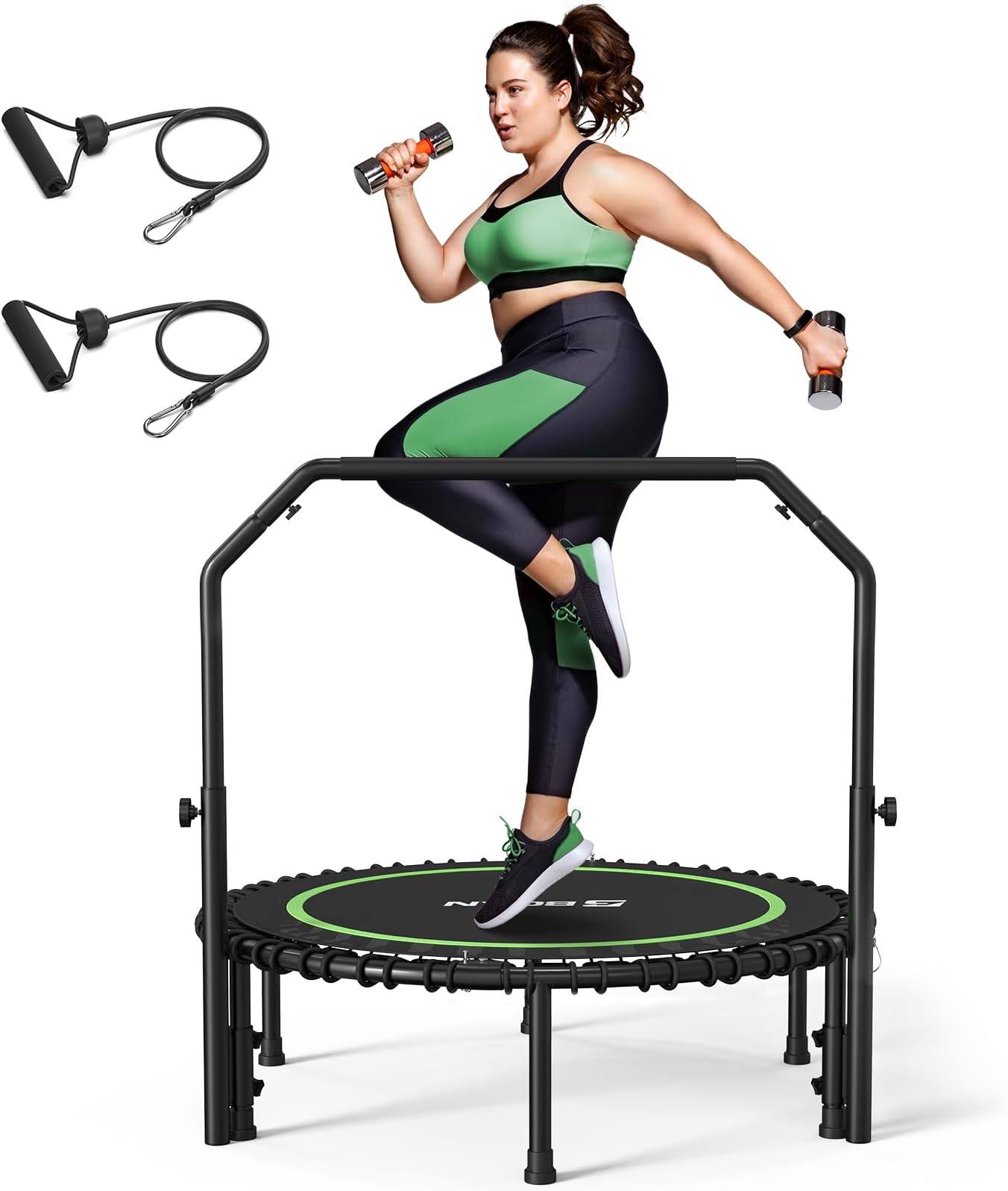 'BCAN 40''/48'' Foldable Mini Trampoline with Resistance Band, 450 LBS Fitness Trampoline with Bungees, U Shape Adjustable Foam Handle, Stable & Quiet Exercise Rebounder for Adults Indoor/Garden'