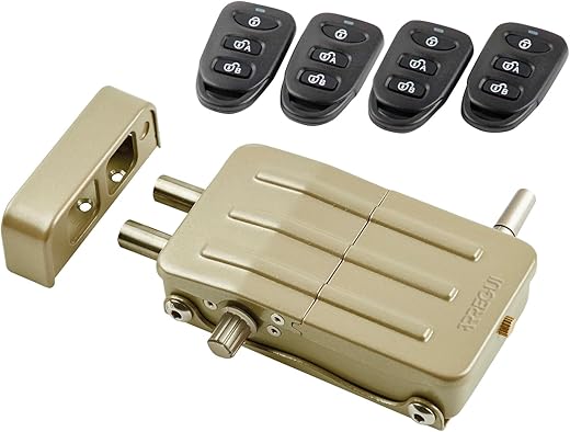 ARREGUI CI10D Cerradura de Seguridad Invisible para Puerta con 4 mandos a distancia | Antirrobo | Anti Okupas | Cerradura Electrónica para Puerta | Cerradura Inalámbrica | Cerrojo Interior | dorado