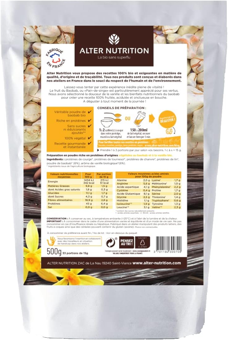Alter Nutrition – Vegan Protein Mix Bio Vitality – Blend Of 4 Vegetable Proteins Powder – Organic Superfoods (Baobab, Vanilla) – Made In France 500g –1kg (1kg)