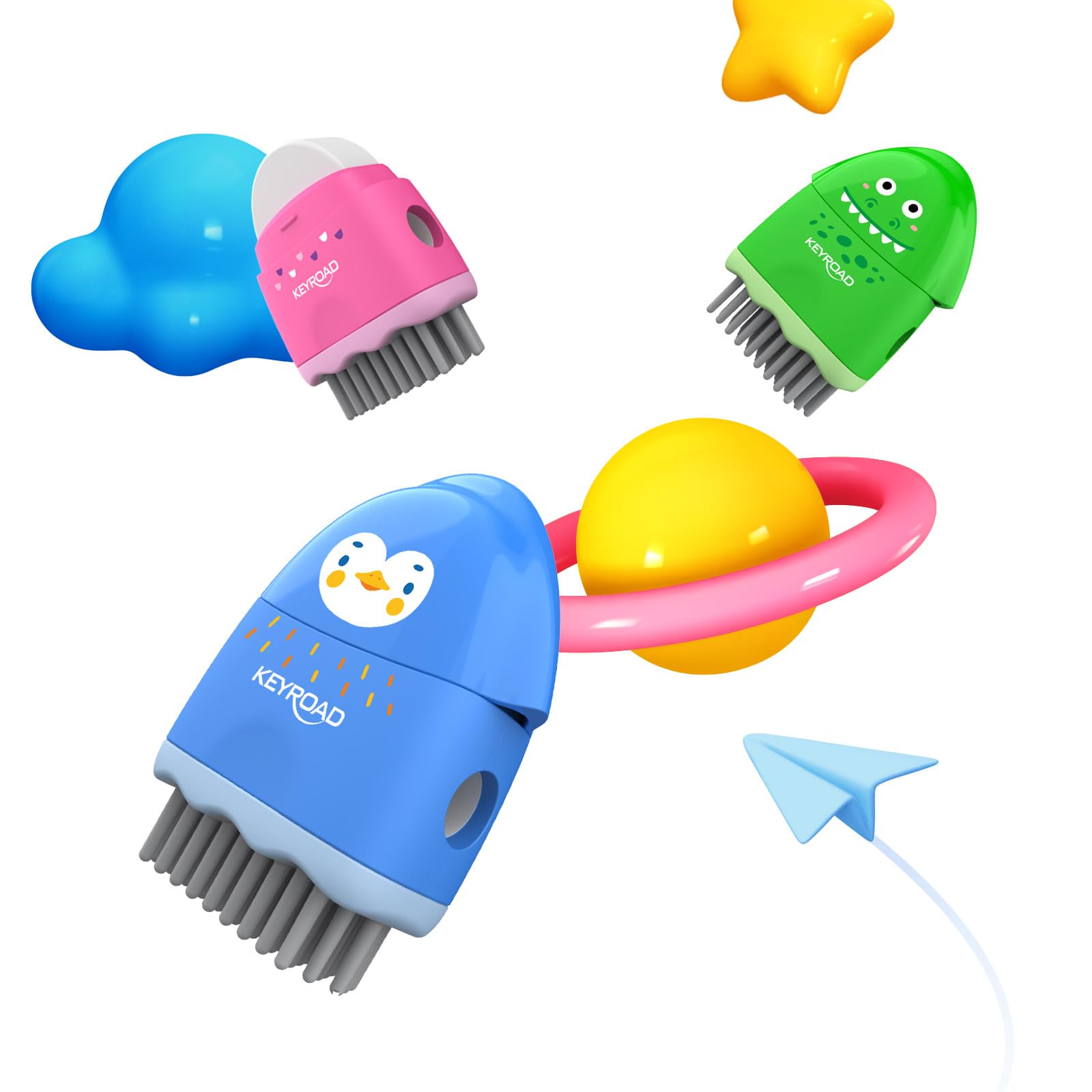 KEYROAD Temperamatite ergonomico singolo ROCKY-DOCKY 3 in 1 con gomma e pennello plastica lame in acciaio colori misti