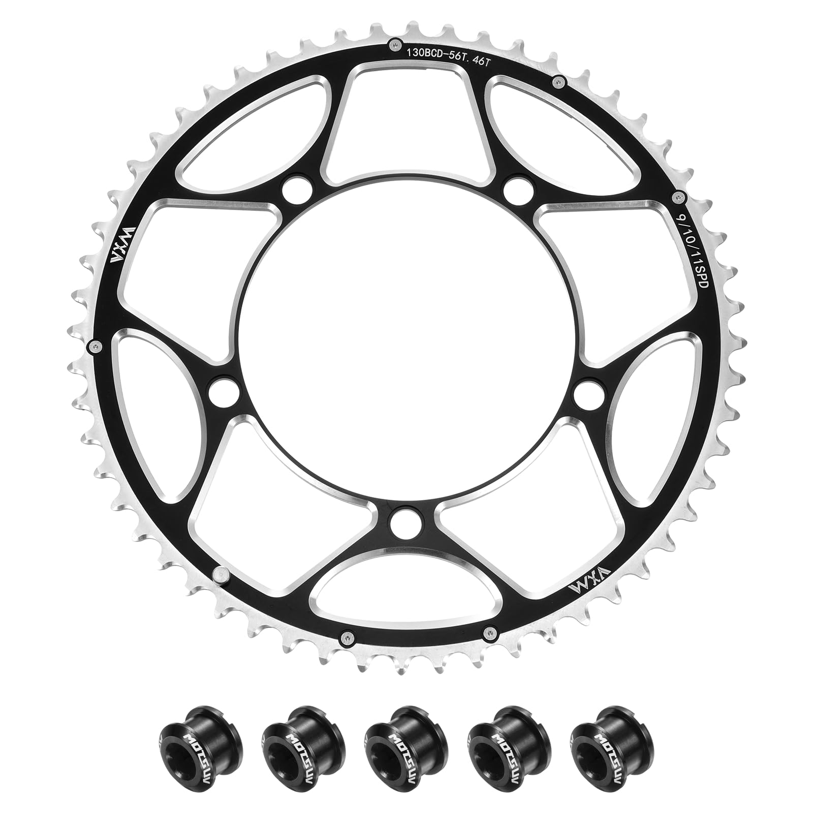 sourcing map 130BCD Bike Chainring Set 56T Round Narrow Wide Single Aluminum Chainring Chainwheel with Double Round 5 Bolts for Road Bike Bicycle 9/10/11 Speed Chains