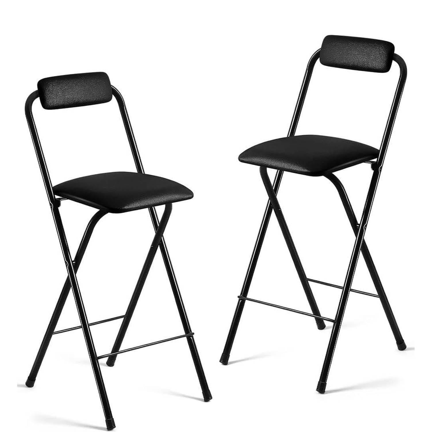 Silla de taburete plegable acolchado asiento 26in, 65cm taburete plegable de barra con respaldo y reposapiés, 65cm negro plegable marco de metal cocina silla alta para cafetería, bistro,Black