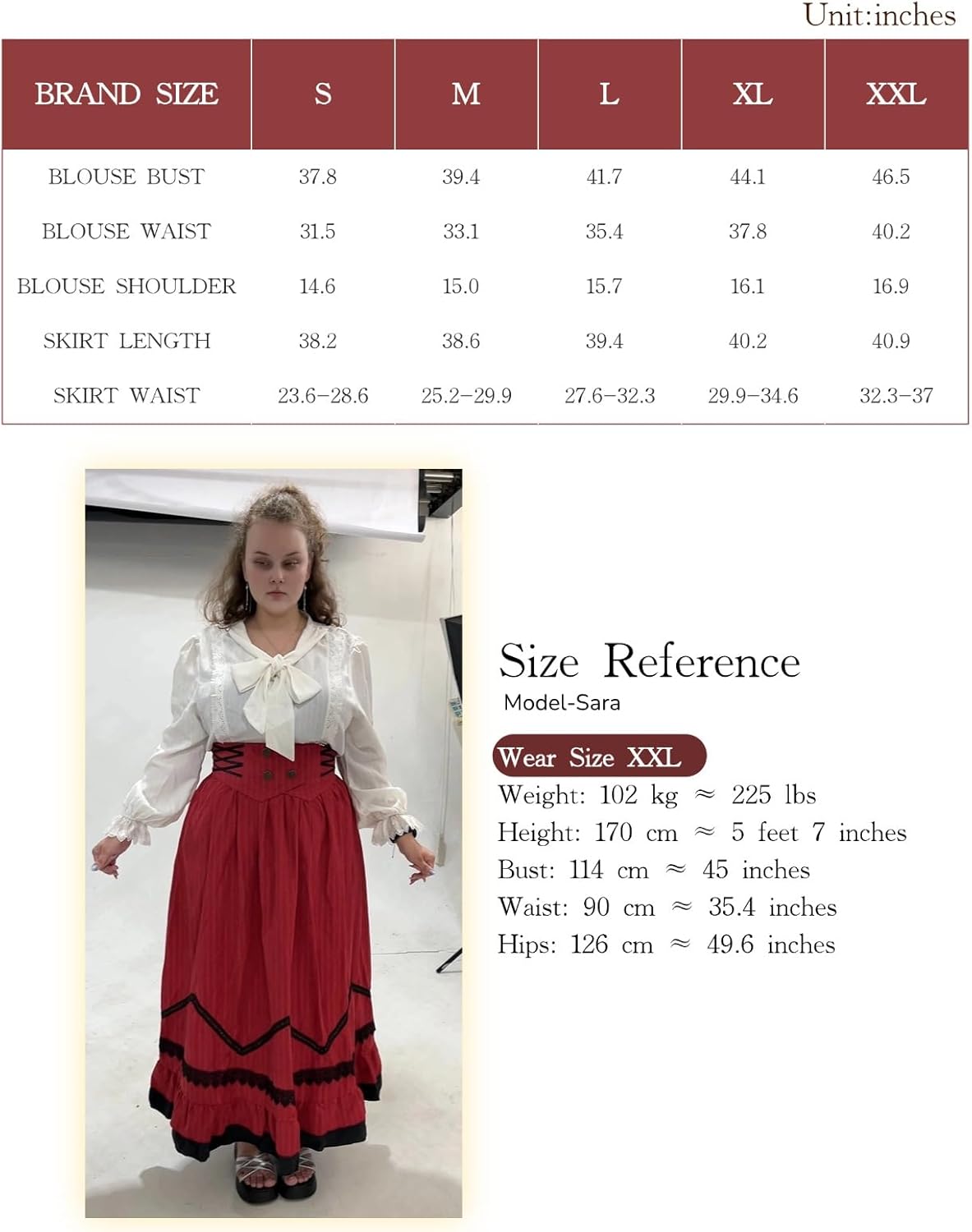 NSPSTT Victorian Dress for Women Renaissance Costume Medieval Outfit Maxi Skirts Blouse 2 pcs Set
