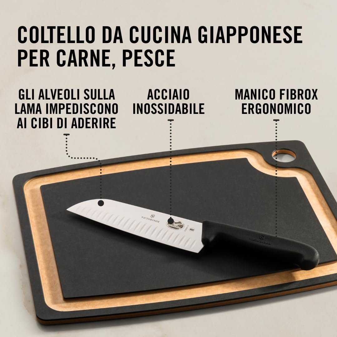 Victorinox Fibrox, Coltello Santoku con Lama Alveolata, Coltello da Cucina giapponese per Carne, Pesce e Verdura, 17 cm, Affilato, Acciaio Inossidabile, Nero