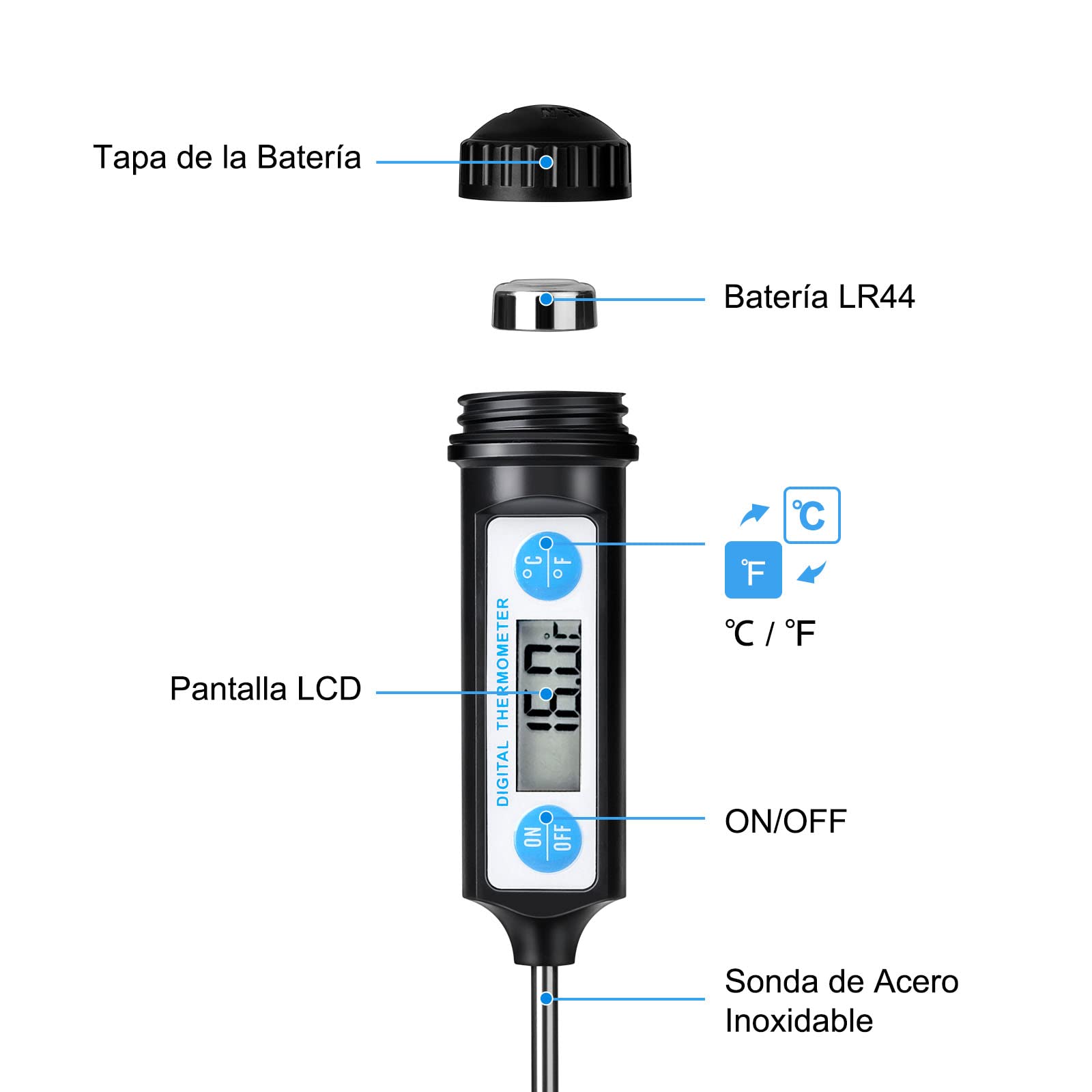 Anpro - Termómetro digital de cocina, con sonda larga y pantalla LCD, para alimentos como carne, aceite, leche, vino, barbacoa y agua caliente, negro