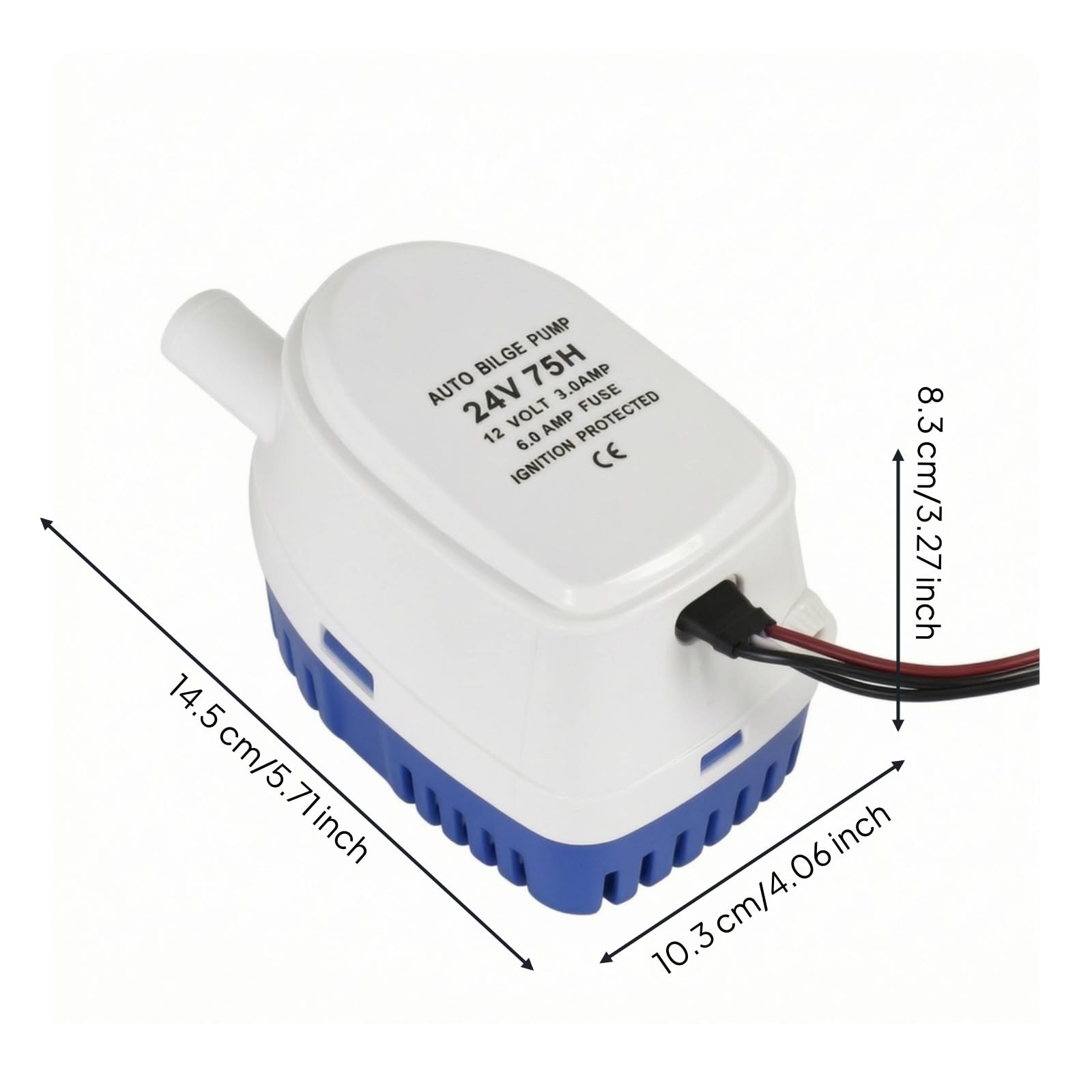 Pompa Sentina Automatica Marina Scarico Acqua Corpo Rettangolare con Uscita Laterale Protezione Detriti in Plastica Adatta a Barche Piccole Gommoni Scomparti Bassi, 12V 1100