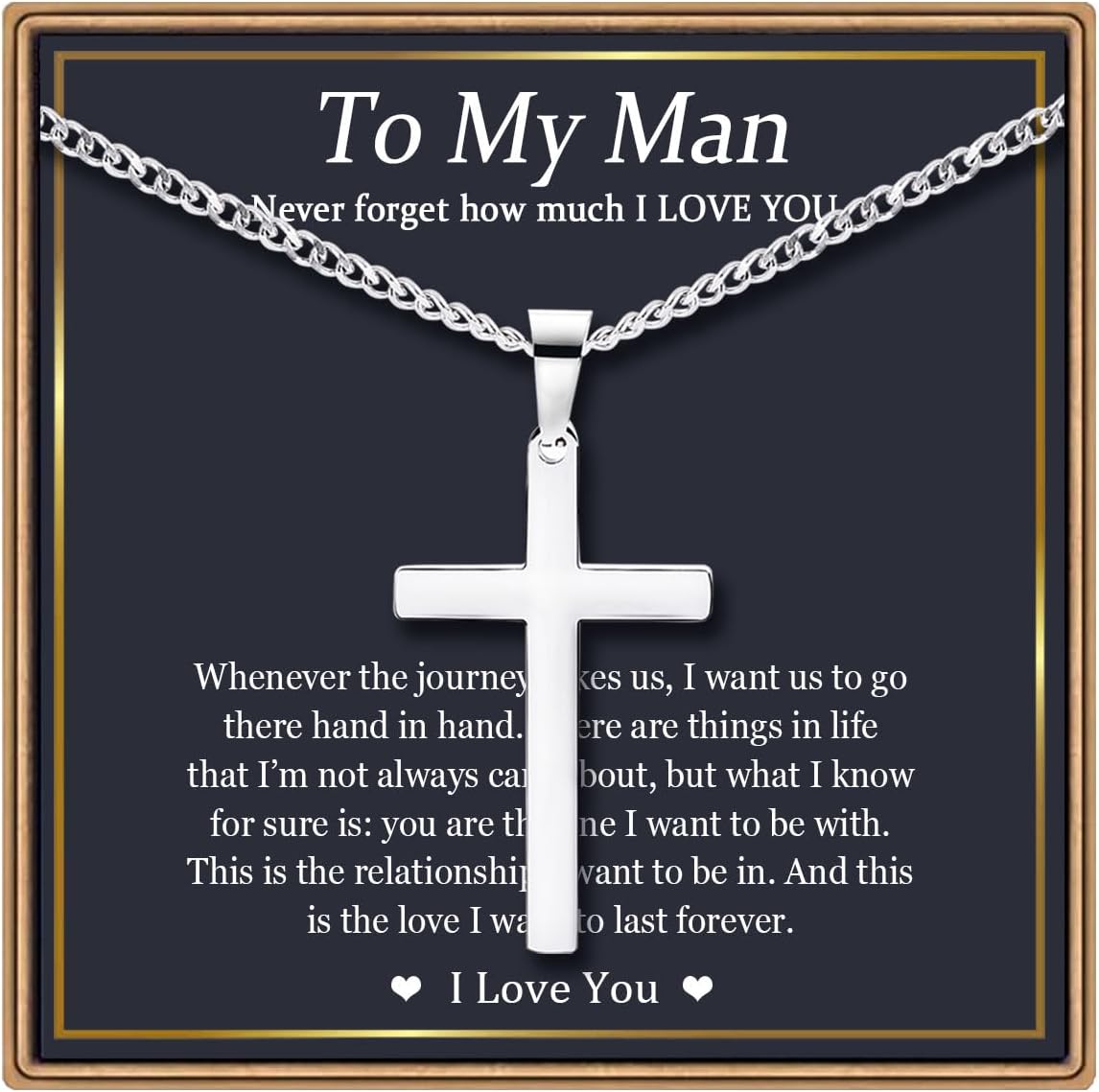 EPIRORA Cross Necklaces Gifts for Men, Silver Cuban Link Chain Necklace Gifts for Dad Son Grandson Uncle Nephew Boyfriend