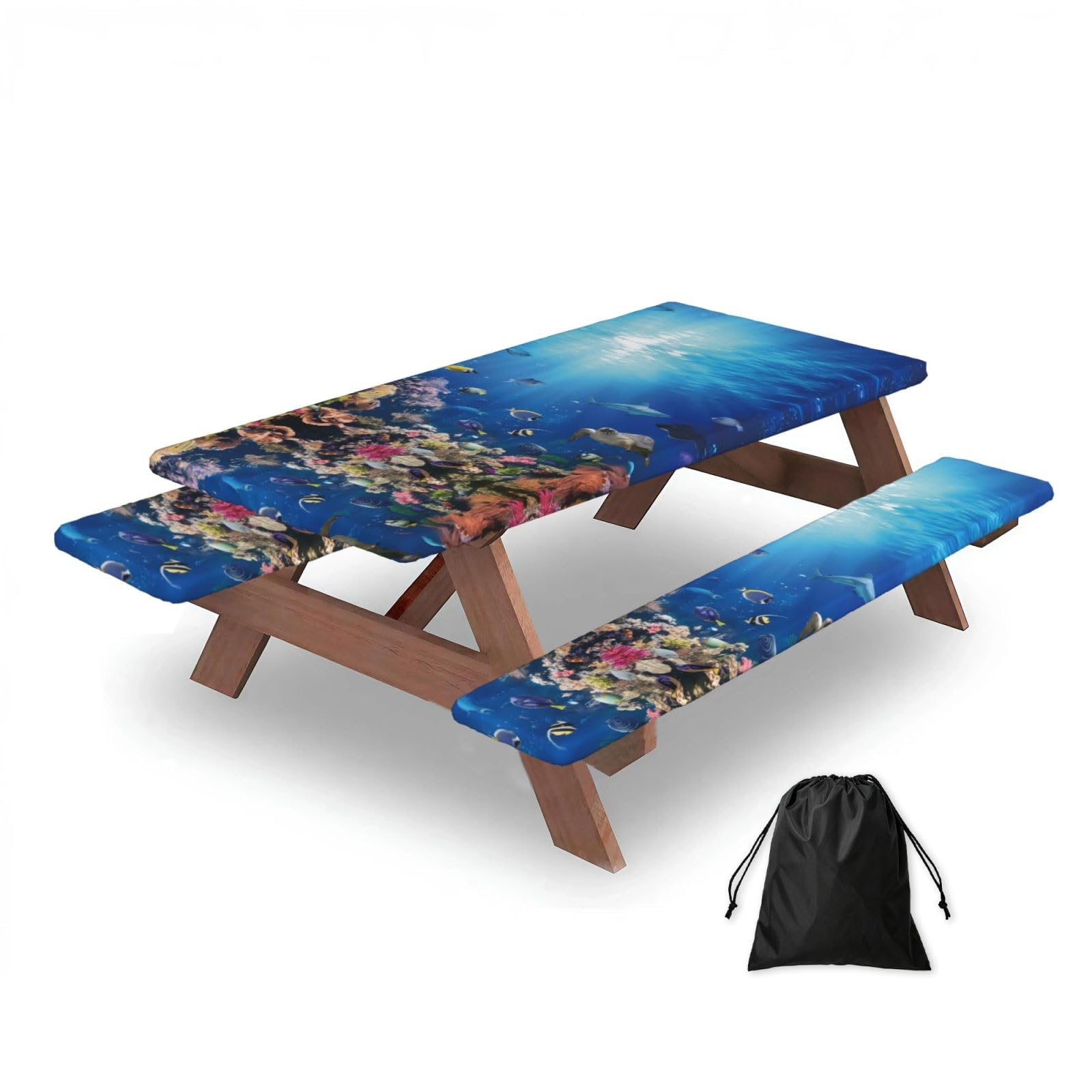 Zqytgfdc Black Ocean Tropical Fish Turtle Shark Rectangular Water-Repellent Picnic Tablecloths, Outdoor Camping, Picnic, Bbq