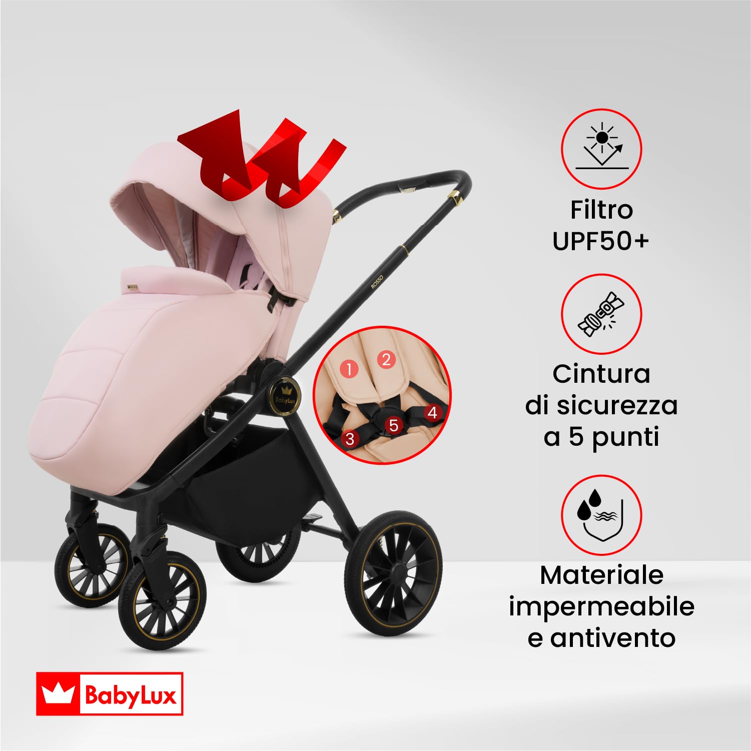 BabyLux® Passeggino 3in1 Rosso, Set Pieghevole di Passeggino Leggero Combinati con Navicella, Seggiolino per Sportivo, Marsupio I-Size, Borsa Fasciatoio e Altri Accessori, Protezione UV 50+