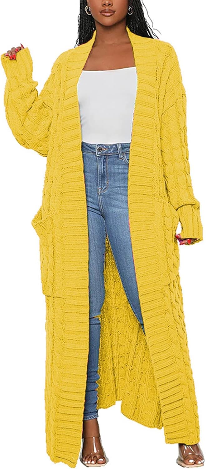 NRTHYE Women's Long Sleeve Open Front Cable Knit Long Cardigan Sweater with Pockets Loose Sweater Outwear Coats