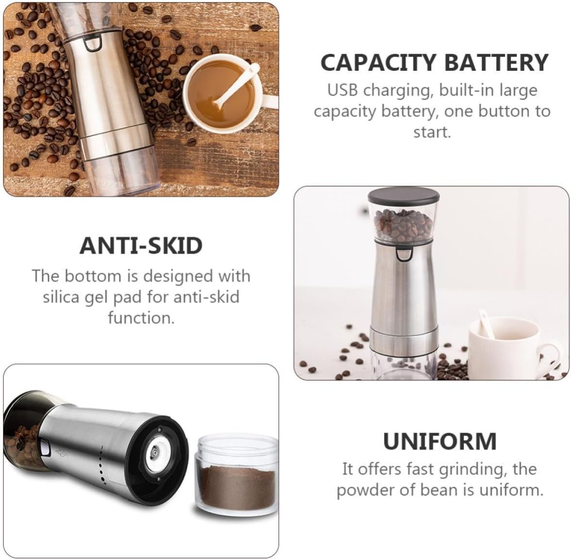 PATKAW Electric Stainless Steel Coffee Bean Grinder and Built-in Large Capacity Battery with Adjustable Fifth Gear, Wear-resistant Ceramic Core for Household Kitchen Use