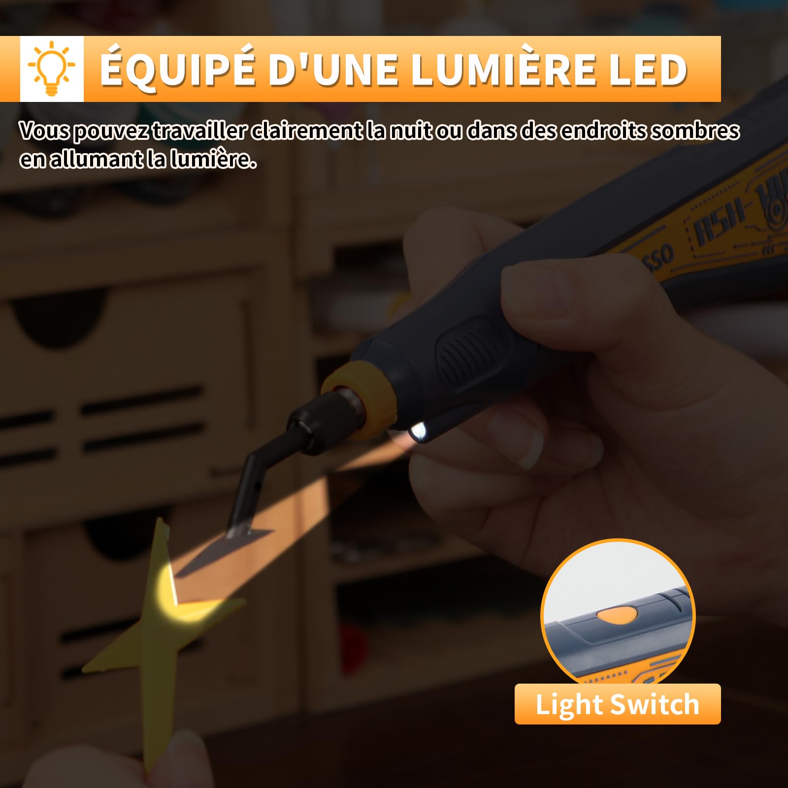 Ponceuse à mouvement alternatif,vitesse variable et recharge USB avec éclairage LED,ponceuse stylo avec 6 têtes de ponçage,idéale pour le ponçage,le polissage (Bleu)