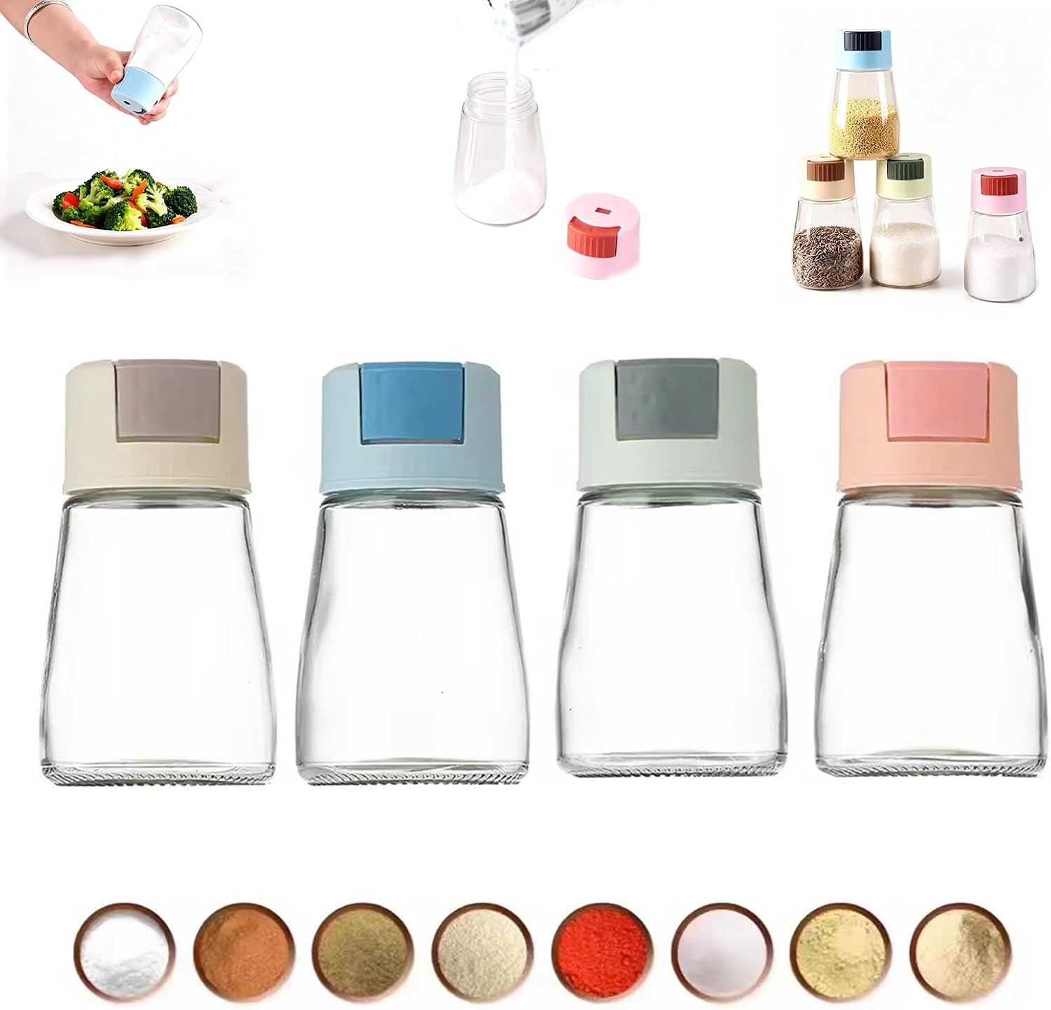 Plastic Spice Shaker Bottles, 4 Pack, Clear Seasoning Dispenser with Adjustable Holes, Airtight and Moisture Proof, for Salt, Pepper, Sugar, 4 Colors