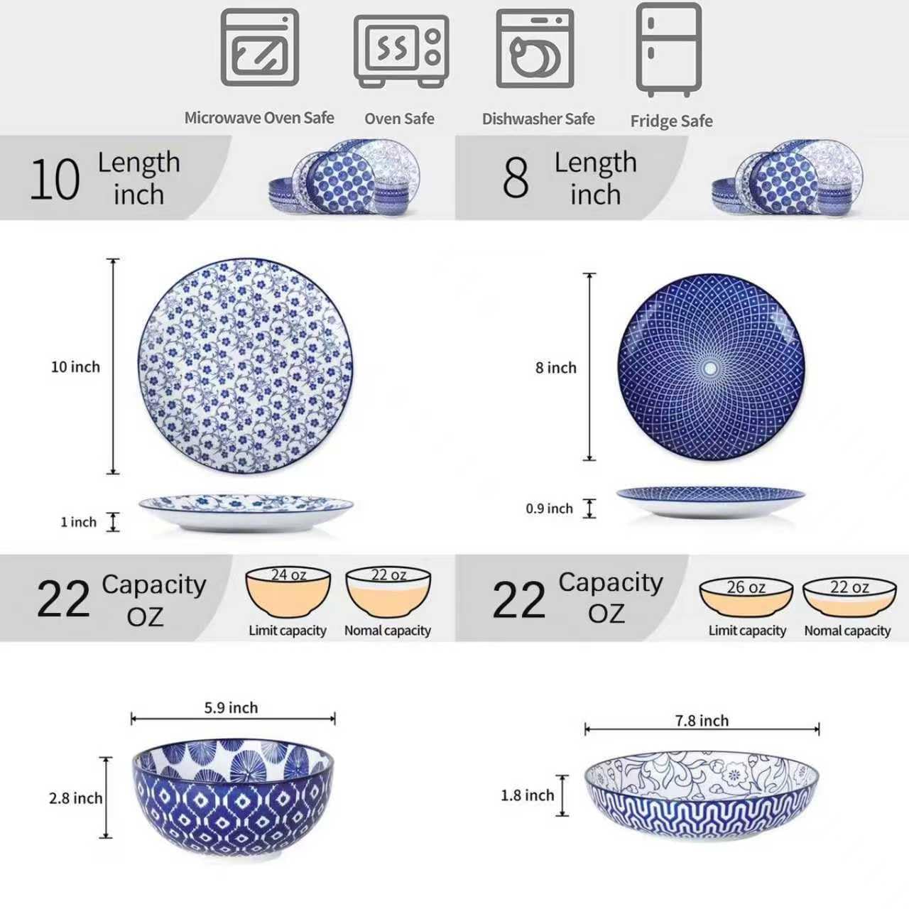 Selamica Ceramiczny zestaw naczyń obiadowych, 16-częściowy zestaw naczyń ceramicznych dla 4 osób, talerze kuchenne i miski, zestaw talerzy obiadowych do sałatek, deserów, misek na musli, talerzy do