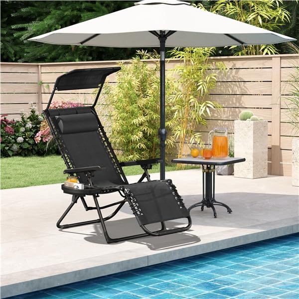 Yaheetech Sdraio da Spiaggia Pieghevole con Parasole, Cuscino Poggiatesta Removibile, Portabicchieri, Sdraio da Giardino con Schienale Regolabile, Spiaggia, Lettino da Sole (1, Nero)
