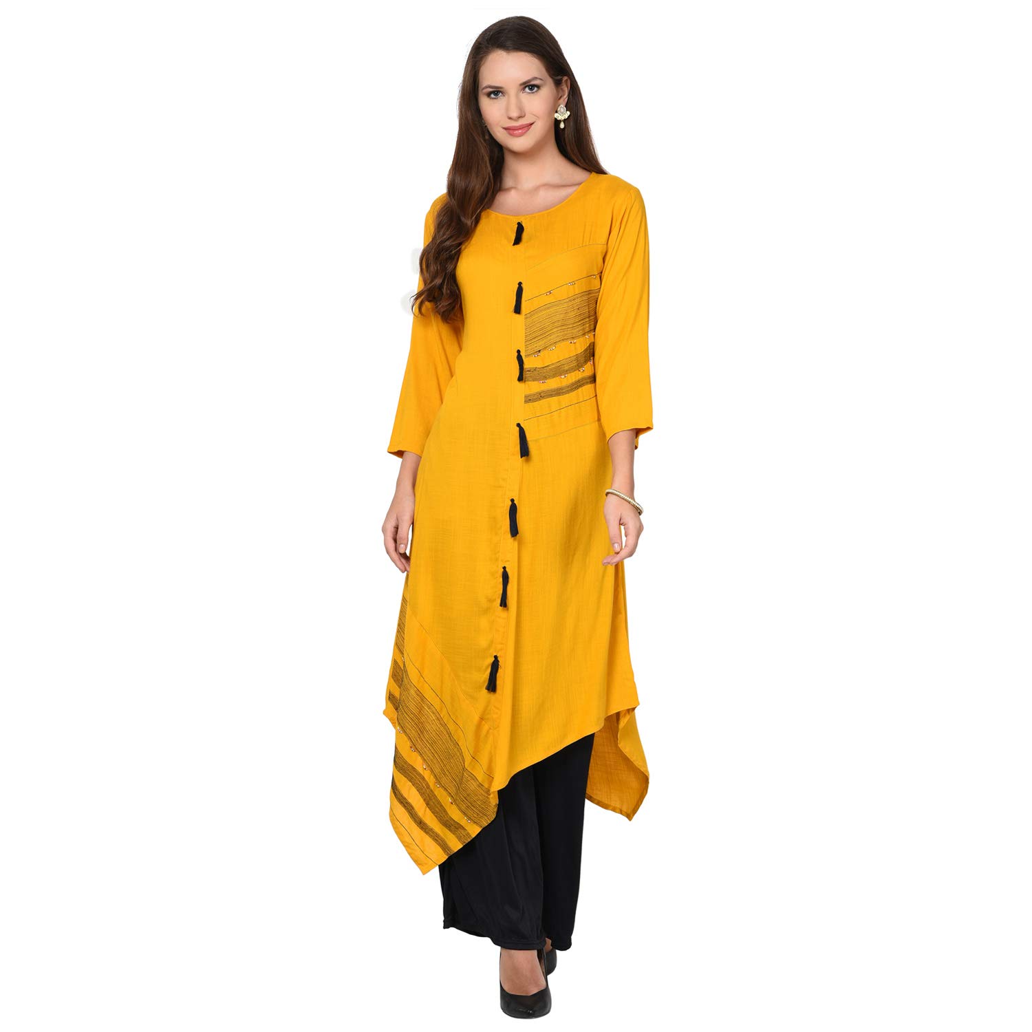 Buy LIVZA Asymmetric Tassels Kurta Yellow Indian Kurta for Women