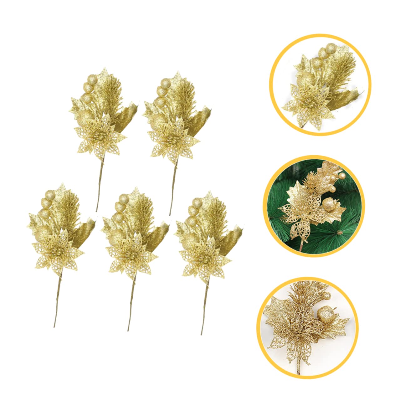 Zerodeko 15 Pz Talee tralcio natalizio decorazioni natalizie vetrine rami glitterati bastoncini ramoscelli steli di bacche di natale foglie artificiali plettri di ghirlande natalizie Golden