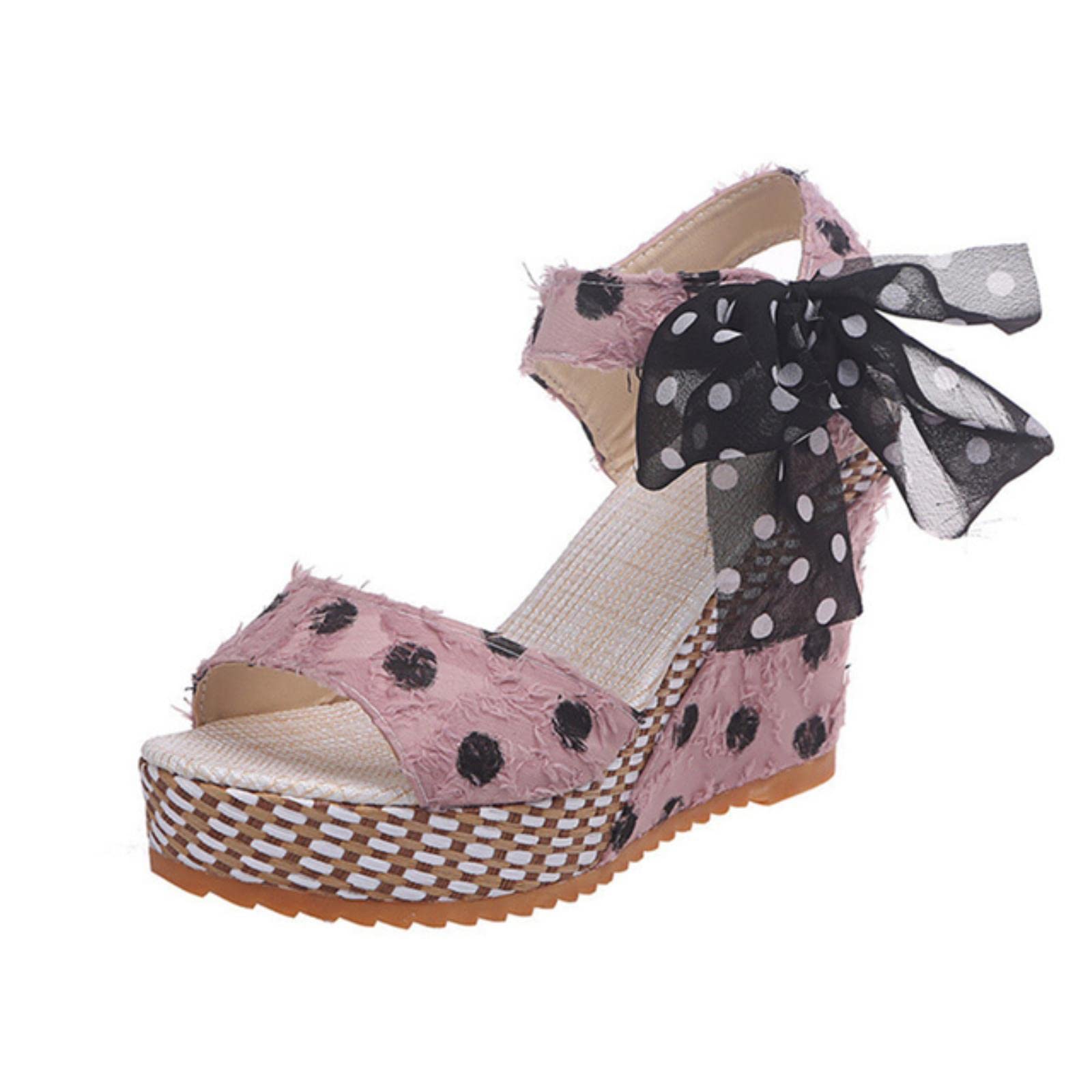 Sandalias de mujer con plataforma de punto Bowknot para mujer, zapatos casuales de aumento alto, con correa de tobillo abierta, sandalias de punta abierta, rosa, 37