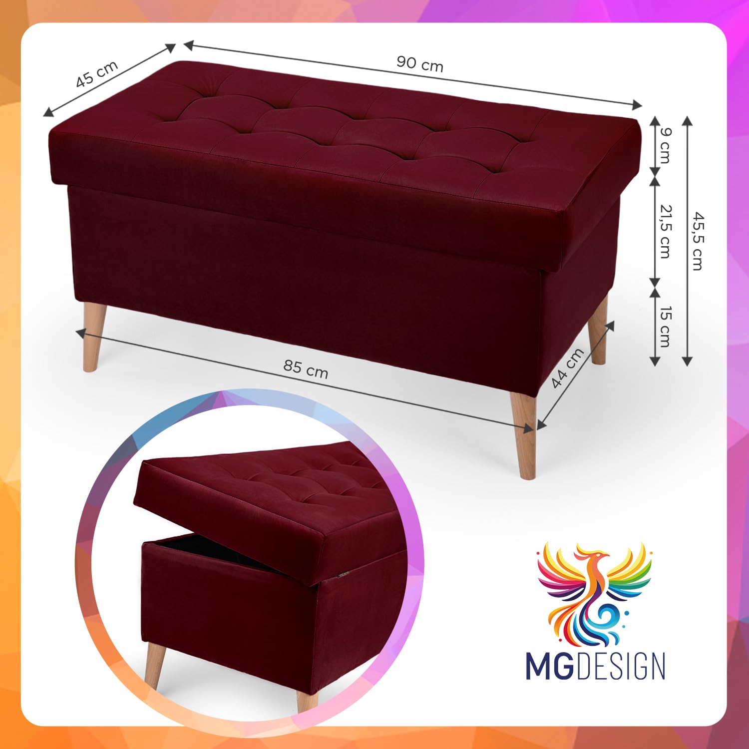 MG Design Panca Contenitore Velluto Bordeaux 45 x 90 cm – Panca Imbottita con Gambe in Legno per Camera da Letto, Soggiorno o Ingresso