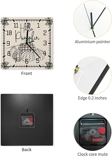 Miniatura 2 de Thanksgiving Wooden Wall Clock Silent Non Ticking, Black Line Hand Draw Pumpkins Bow Fall Burlap Square Wall Clock Battery Operated, Decor Clock for