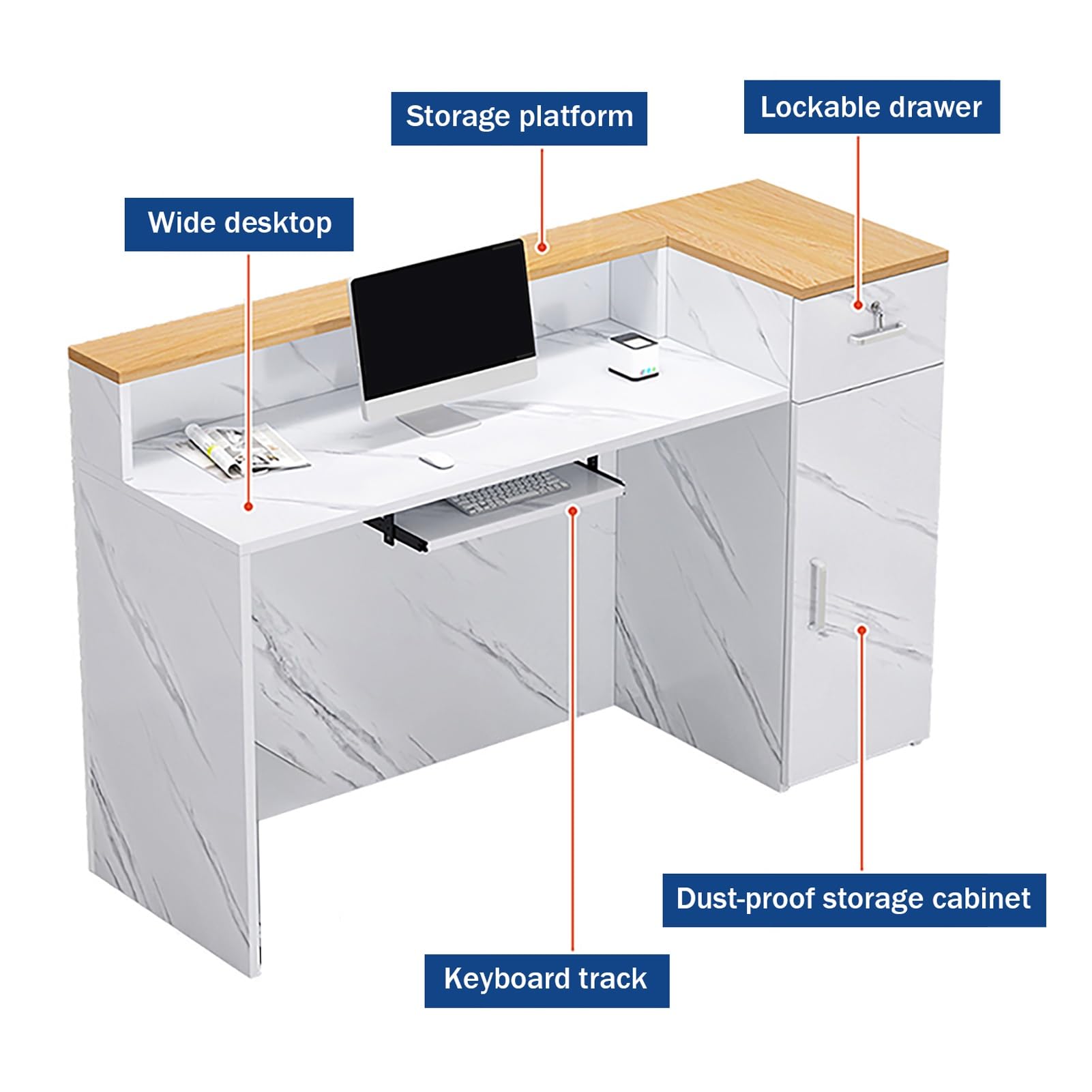 Générique Bureau d'accueil Moderne en Forme de L, Table de réception, comptoir de Caisse avec tiroir verrouillable et Plateau pour Clavier (Blanc E, 100 x 45 x 100 cm)
