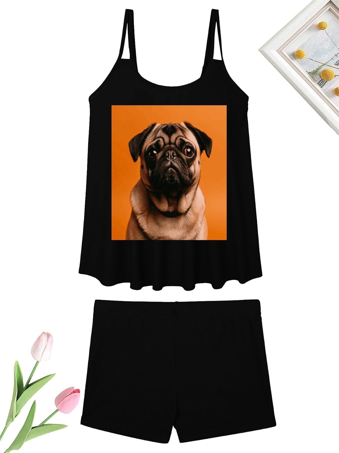 A Pug Tankini Swimsuits for Women Tummy Control Two Piece Bathing Suits Swim Tops with Boy Shorts