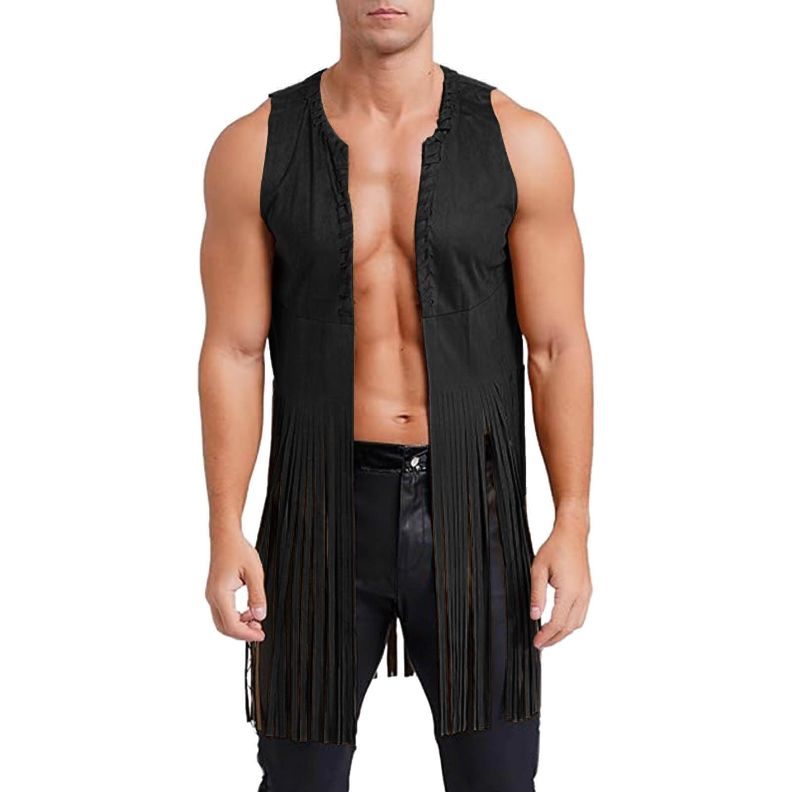 70s Hippie Fringed Vest Men Women Western Cowboy Cowgirl Faux Suede Sleeveless Long Tassel Waistcoat Jacket Coat Halloween Cosplay Night Club Travel Bohemia Open Front Vest Streetwear Outerwear
