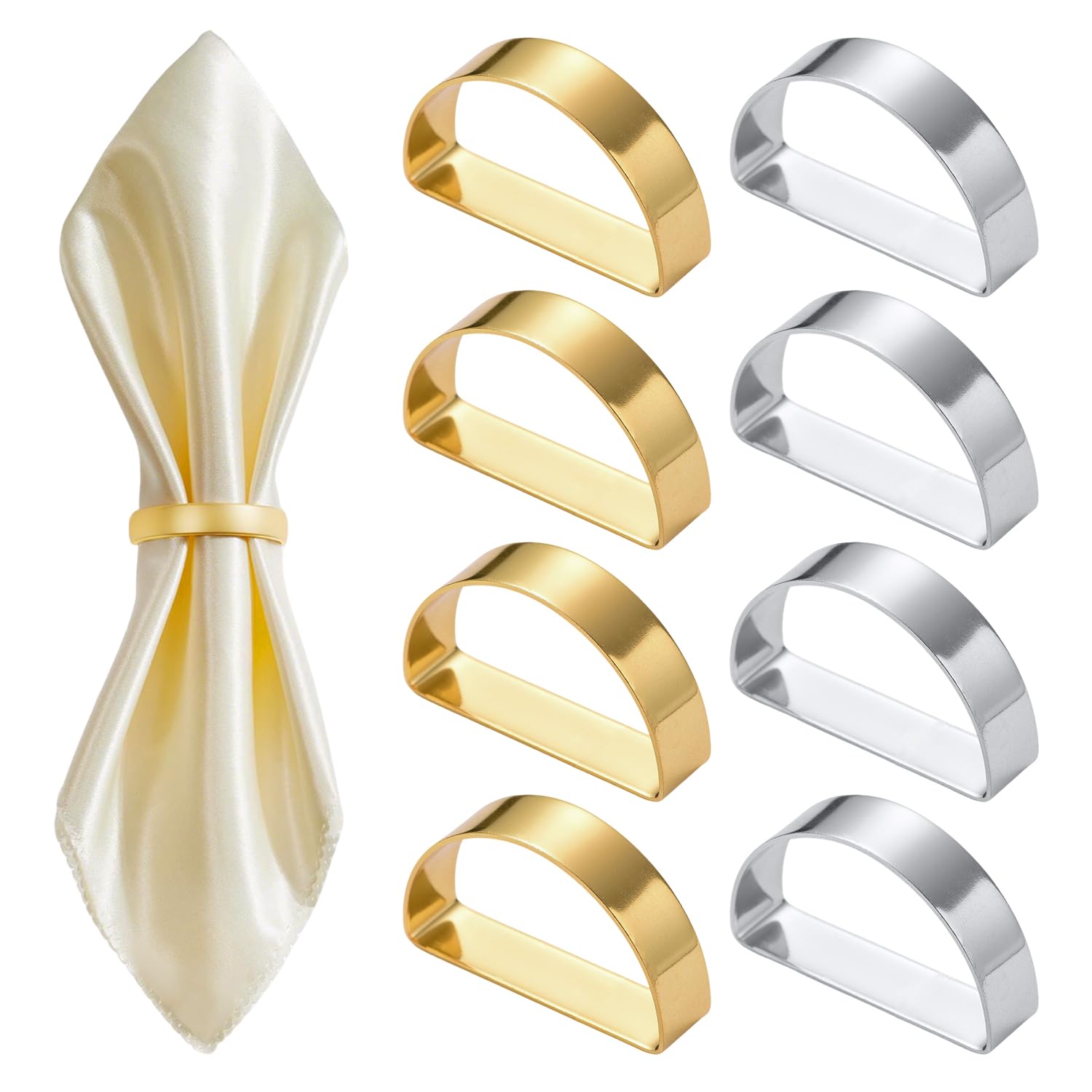 SYEYCW 8 Pcs Napkin Rings, Gold Silver Serviette Rings, D-Shape Napkin Ring, Elegant Napkins Ring, for Weddings, Candlelight Dinner, Birthday, Anniversary and Holiday Party Table Settings Decoration