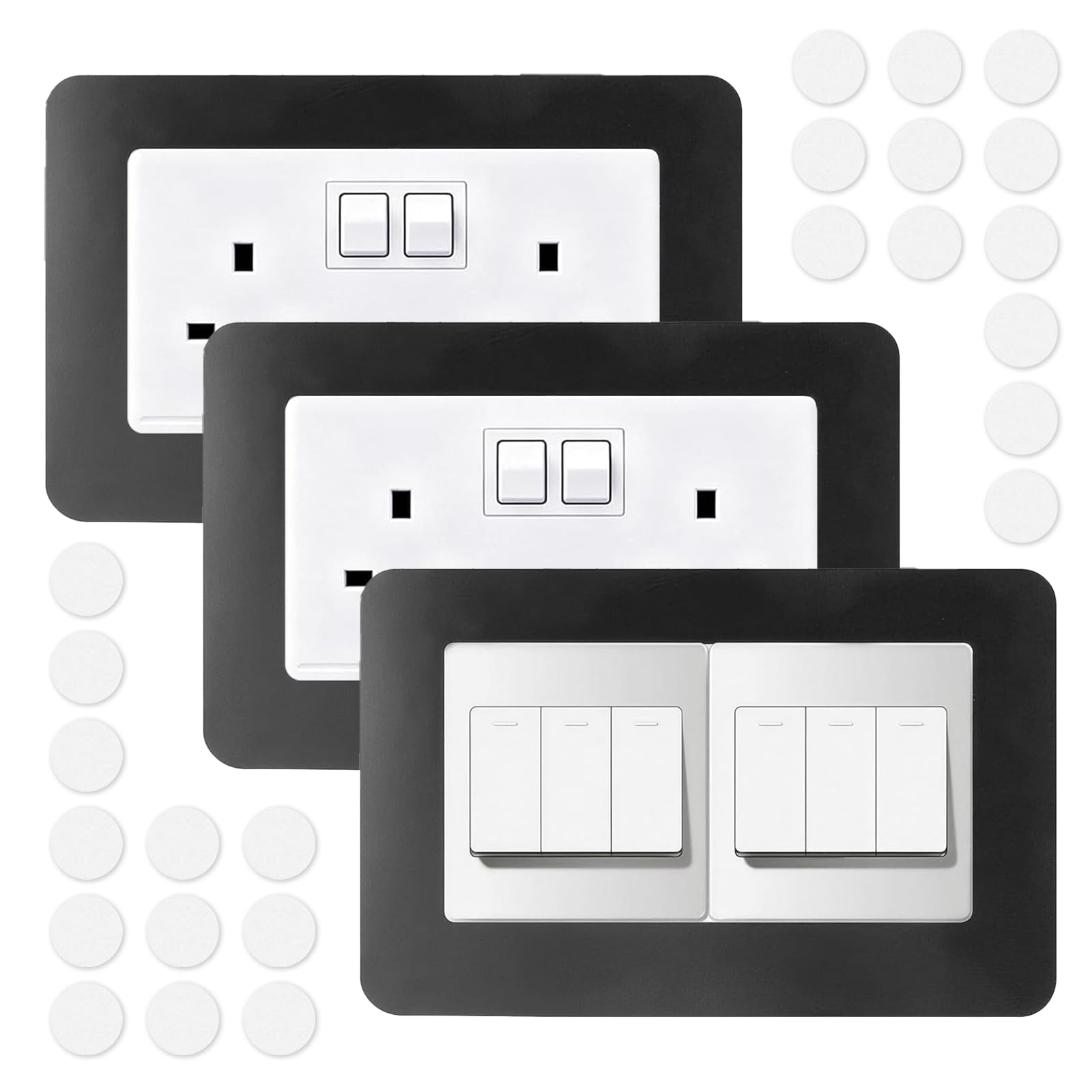 FunnAura 3Pcs Double Plug Socket Surround, Black Light Switch Surrounds Cover Plates Frame for Wall Sockets and Switches