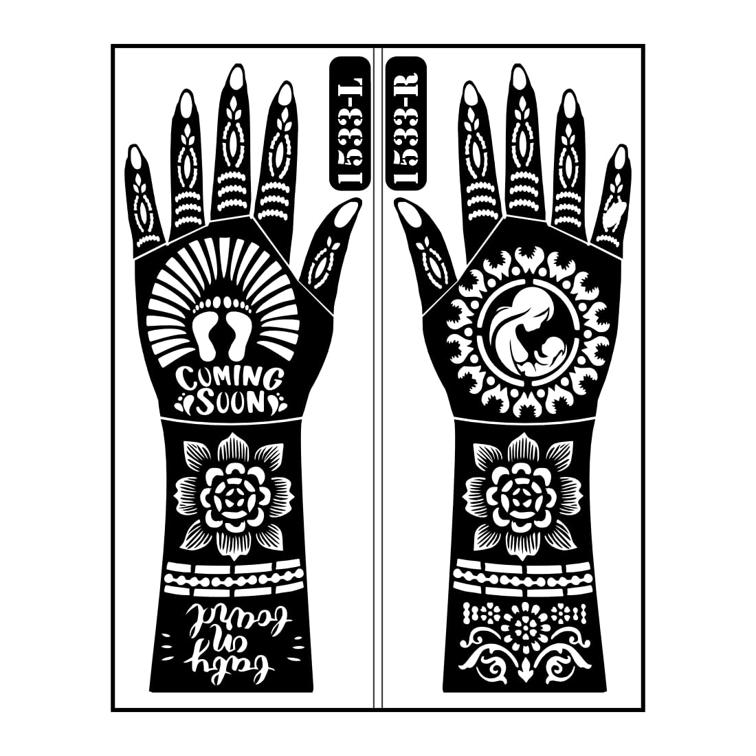 VOORKOMS Baby Arrival Announcement Mehndi Stencil with Motherhood Theme and Elegant Full Hand Layout-image-13