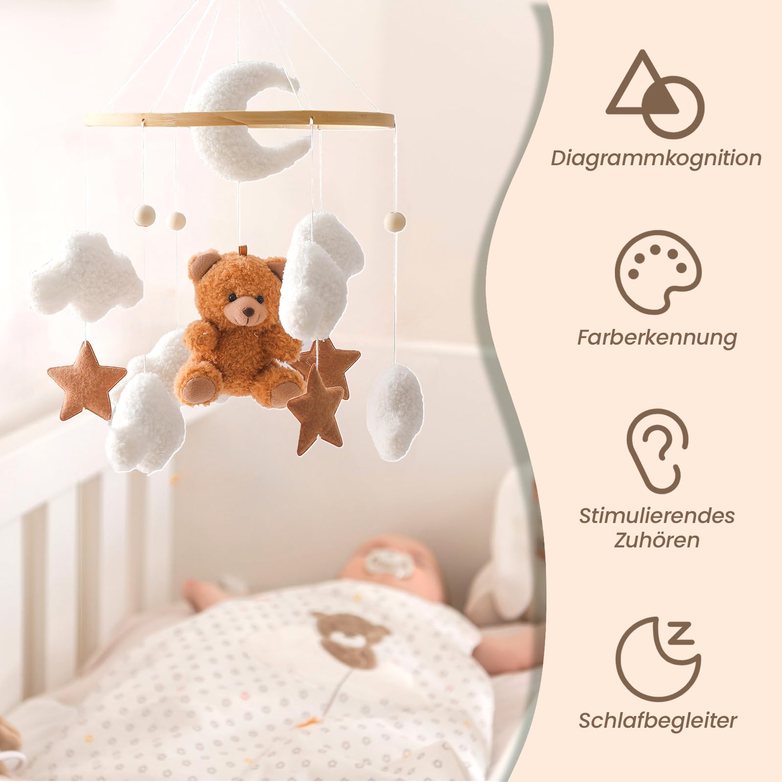 Herfair Cloche de lit mobile pour bébé avec ours en peluche - En bois - Carillon mobile à suspendre - Pour lit de bébé - Marron