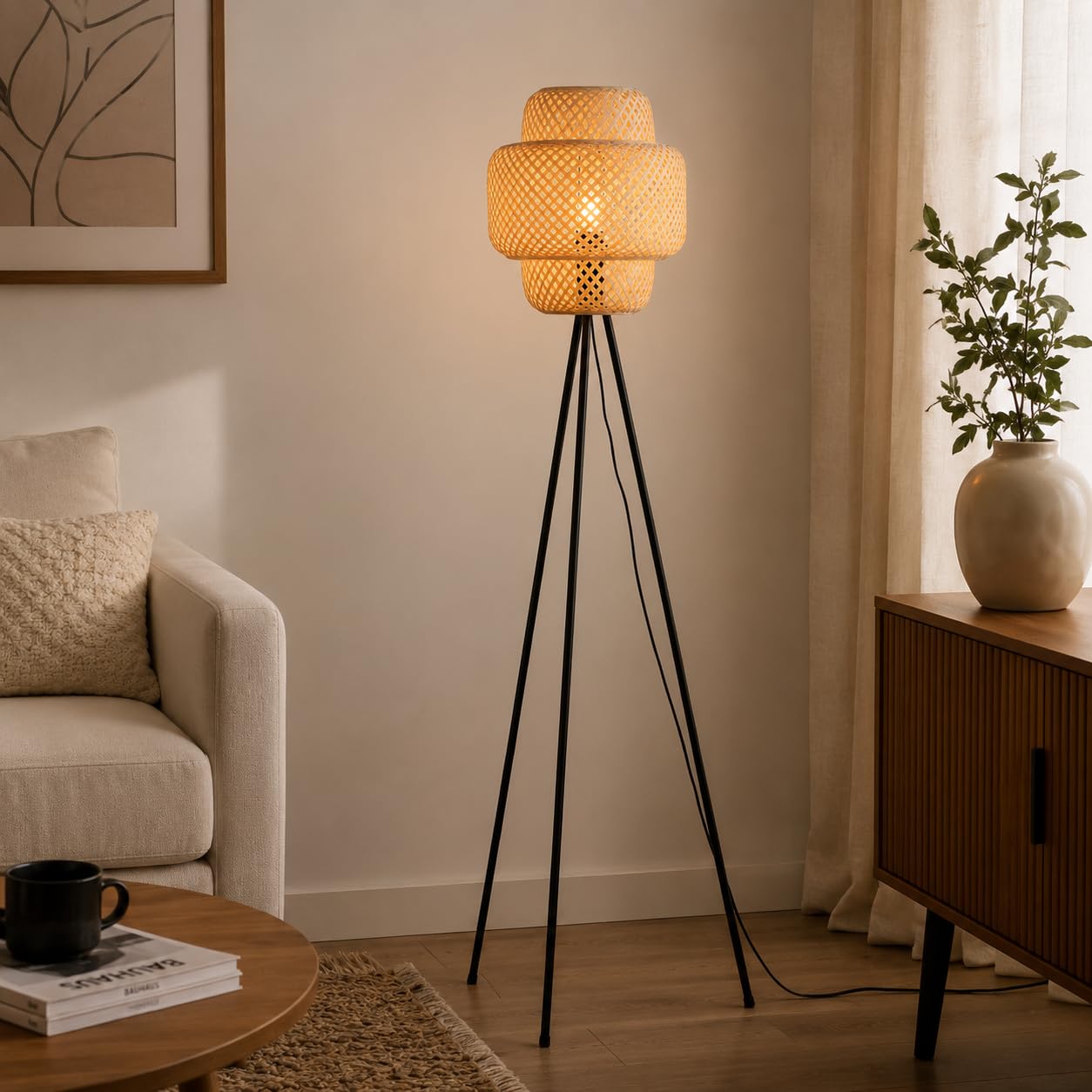 Alpinaluz Lámpara de Pie Trípode E27 Mimbre Natural Base Negra | Pantalla tejida a mano Ø30 cm y estructura metálica negra, estilo boho rústico para salón, dormitorio y lectura