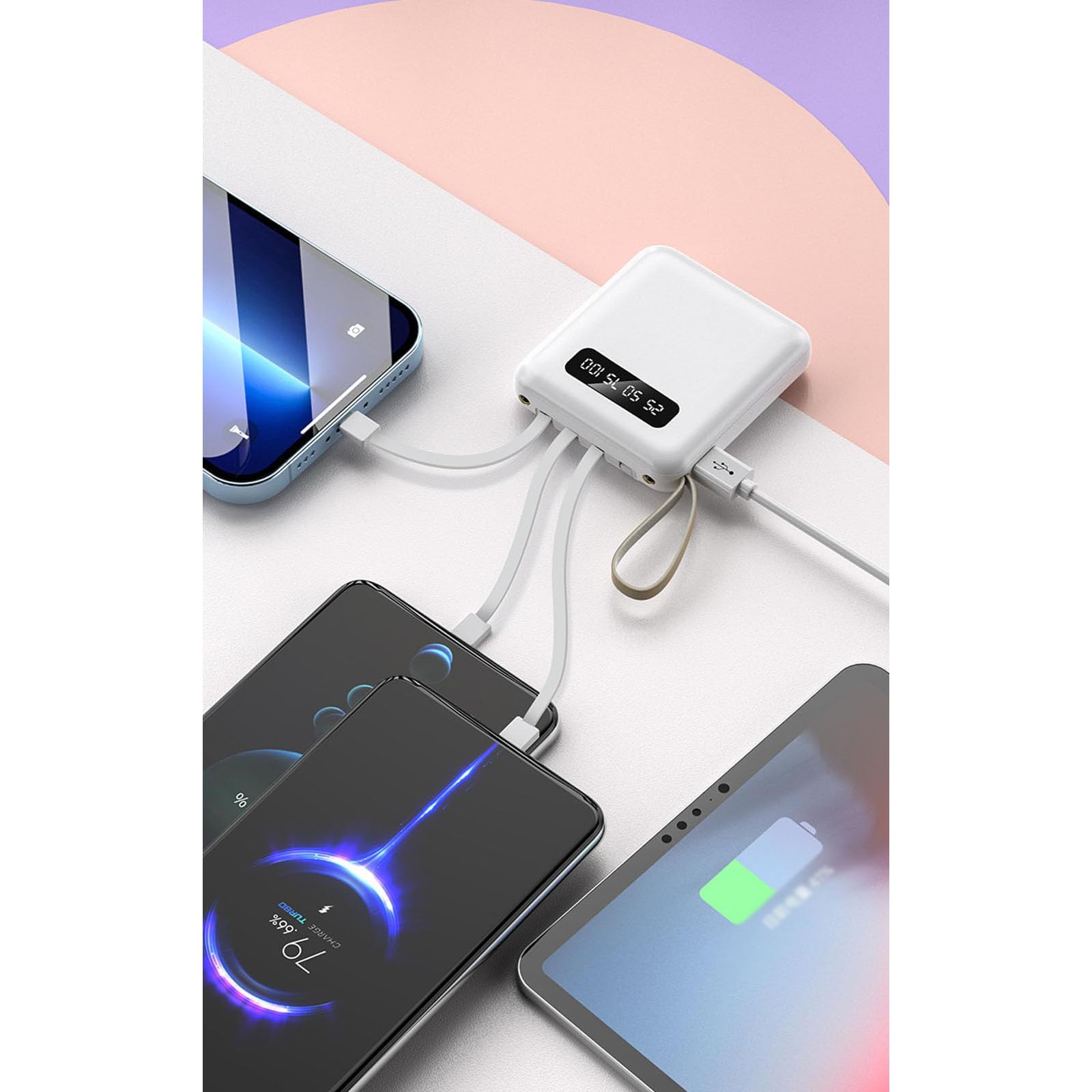 Caricabatterie Portatile Power Bank 20000 mAh con Display, Ricarica Rapida, Power Bank con Ricarica Rapida per Telefono Cellulare, Alimentazione Mobile A 4 Cavi,Viola