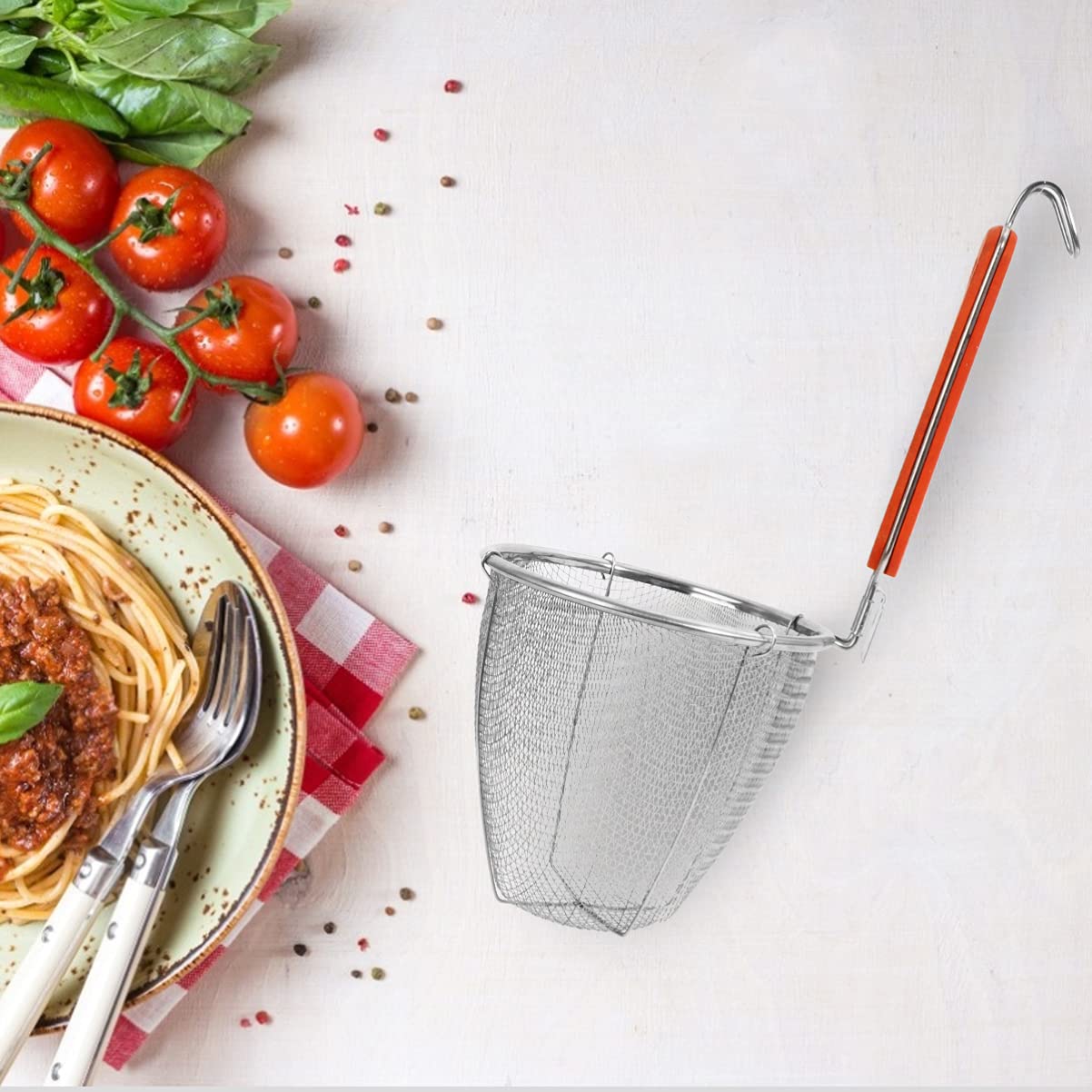 Colino per pasta per spaghetti, 2 pezzi a maglia fine, colino per alimenti, schiumarola, cucchiaio, colino per pasta, colini, colino a rete in acciaio inox, colino a rete, colino per pasta, colino p