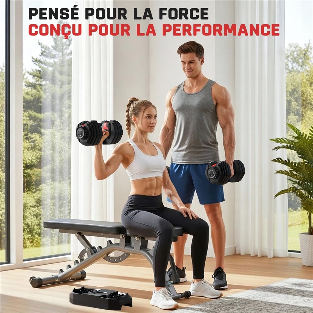 Yaheetech Haltères Réglables 2,5 à 24 kg 15 en 1 avec Base de Rangement, Système de Verrouillage de Sécurité, Poignée Antidérapante pour Entraînement à Domicile, Salle de Sport
