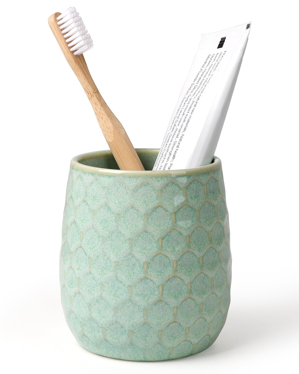 ANTIS'S HOME Ceramic Toothbrush Holder Cup, 400ml Green Honeycomb Bathroom Tumbler – Reusable Toothbrush Cup for Toothpaste, Makeup Brushes & Bathroom Countertop Organisation, 3.62" × 3.93"