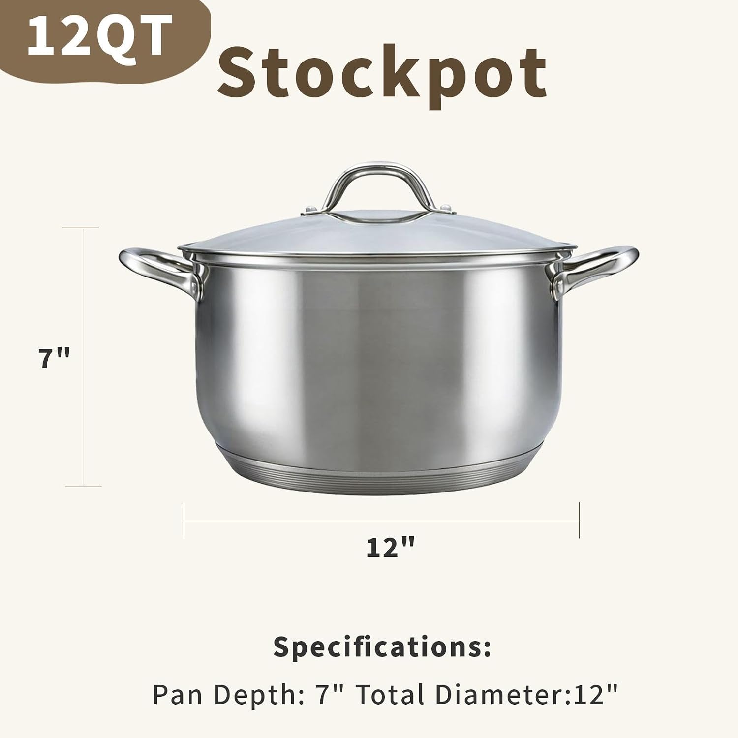 Stainless Steel Stock Pot - 12 Quart Heavy Duty Cooking Pots With Visible Lid for Pasta, Soup, Spaghetti, Cool Grip Handles, Mirror Polished Oven Safe Large Pot for Canning, Boiling, Simmer