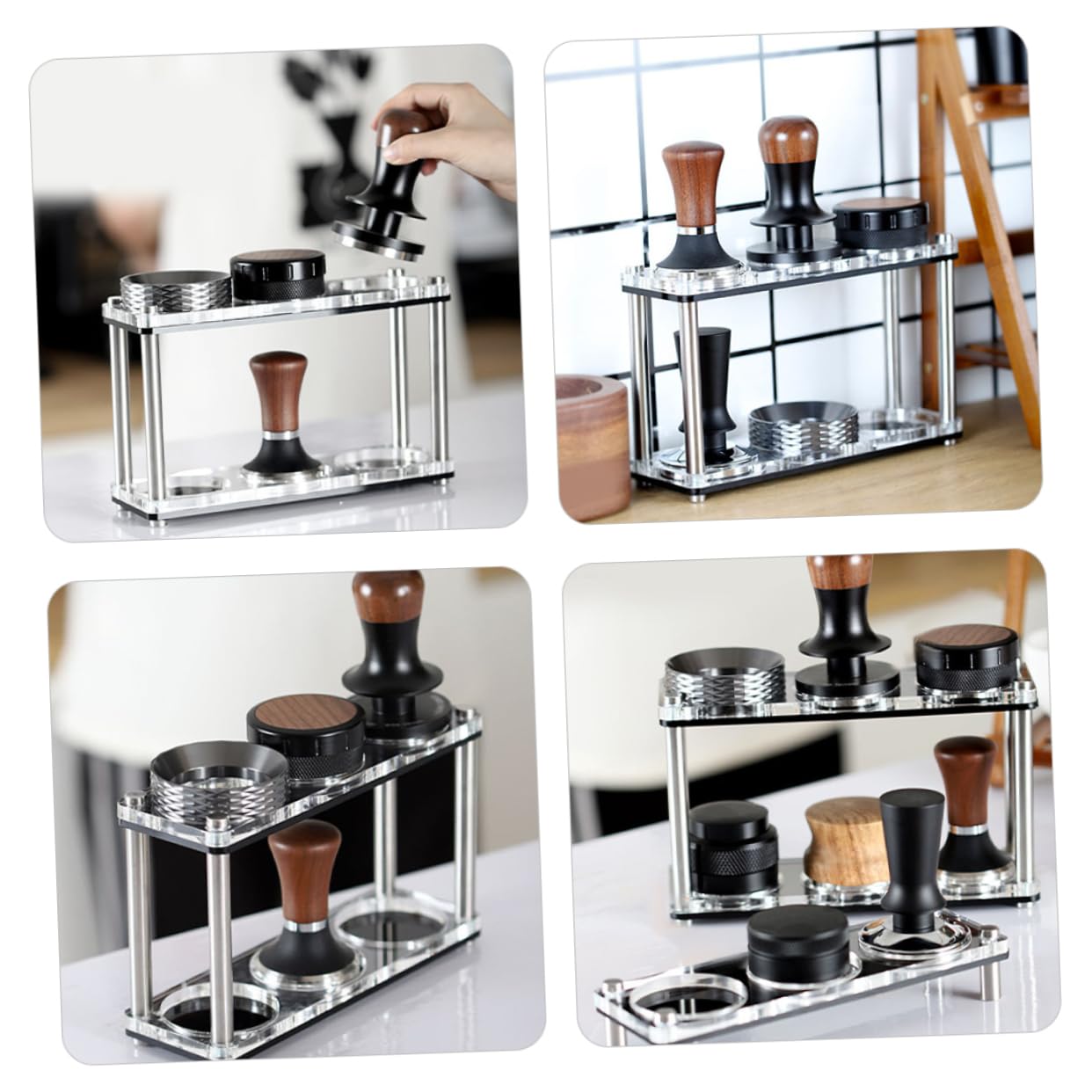PRETYZOOM Acryl Doppelschicht Regal für Kaffeezubehör mit 51/53/58mm Halterung und Aufbewahrungsplatz