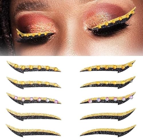 5対のフラッシュアイライン、フラッシュアイライナーシールとラインストーン接着剤アイライナーを繰り返し使用できるアイシャドウシールをパーティー用女性の目元メイクツールに使用 (金色)